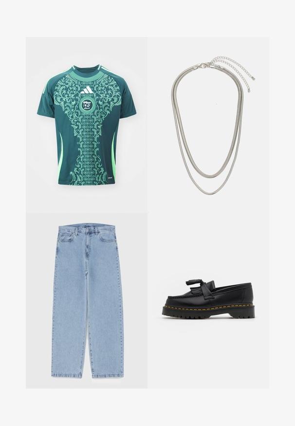 adidas Performance ALGERIA FAF AWAY JERSEY - Fotbalový dres - mineral green; Světle modré džíny s rovnými nohavicemi, středním pasem, pěti kapsami a zapínáním na knoflík a zip.; Černé kožené mokasíny s třásněmi, se silnou černou podrážkou a žlutým prošíváním podél okraje. Texturovaný povrch.; Vícevrstvý stříbrný kovový náhrdelník s elegantními, flexibilními řetízky s jemným leskem, zabezpečený karabinkou a nastavitelným řetízkem.