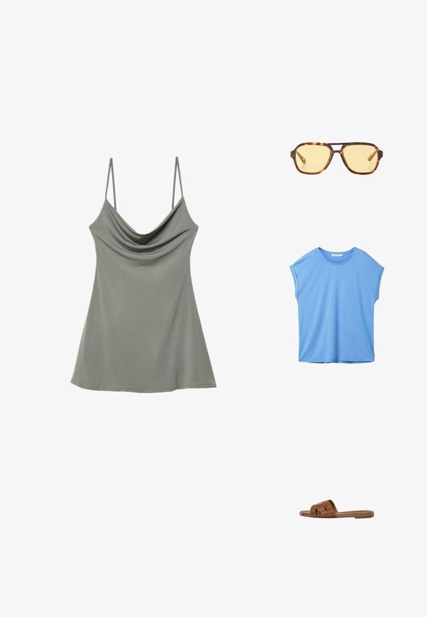 TOM TAILOR DENIM FLUENT TEE - T-Shirt basic - sicilian blue; Lässiges, hellgraues Damenunterhemd mit dünnen, verstellbaren Trägern, gefertigt aus weichem Stoff, mit lockerer Passform und glatter Textur.; Braune Leder-Sandale mit gekreuzten Riemen, flacher Sohle und glatter Textur. Schlichtes Design ohne Verzierungen oder Muster.; Sonnenbrille aus Schildpatt mit geometrischem Design, gelben Gläsern und Metallakzenten an den Bügeln. Breiter Rahmen und matte Textur.