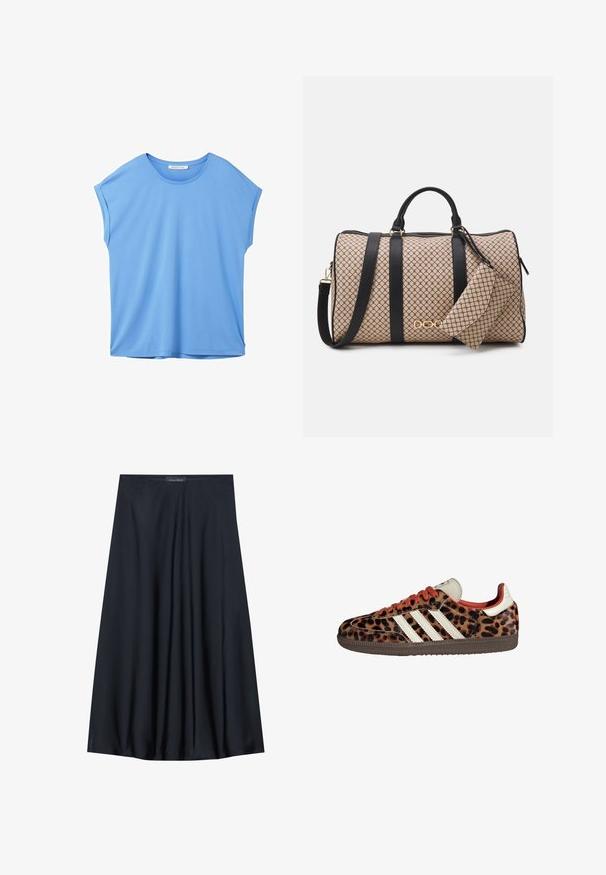 TOM TAILOR DENIM FLUENT TEE - T-shirt basic - sicilian blue; Mouwloze gele top met een gestructureerde afwerking en een geplooide zijdetail. Zachte stof en een ontspannen pasvorm, met een rechte zoom.; Zwarte, knielange rok van lichtgewicht stof met een vloeiende uitstraling. Kenmerkt zich door een gladde textuur en subtiele plooien voor extra detail.; Leopardprint sneakers van suède met rode veters en drie witte strepen aan de zijkant. Bevat een crèmekleurige tong en een bruine zool.; Dufflebag met een beige patroon aan de buitenkant, zwarte leren banden, gouden hardware en een kleine bijpassende pouch die eraan vastzit. Gestructureerd ontwerp.; Gouden rechthoekige polshorloge met een witte wijzerplaat, zilverkleurige uurmarkeringen en een duurzame metalen schakelarmband. Inclusief waterdichte functie.