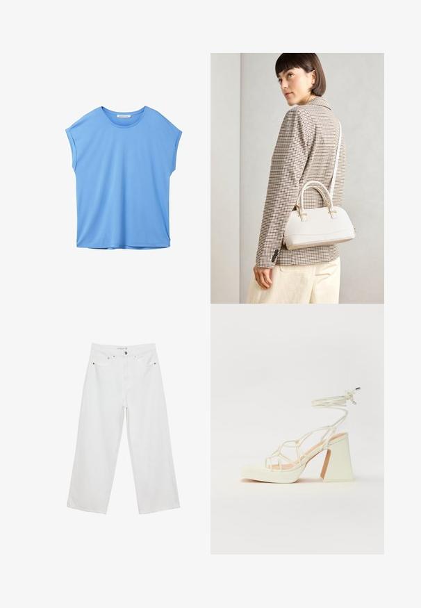 TOM TAILOR DENIM FLUENT TEE - Základné tričko - sicilian blue; Biele široké džínsy z denimu s vysokým pásom, vybavené piatimi vreckami a kovovými doplnkami. Hladká textúra, žiadne viditeľné vzory.; Biele sandále na vysokom opätku s hrubým podpätkom, s pruhovaným dizajnom a viazaním na členku. Hladký povrch s platformou vpredu pre zvýšenú výšku.; Biela štruktúrovaná kabelka s krátkymi rúčkami a ramenným popruhom, s zlatými kovovými prvkami a textúrovaným materiálom, vystavená na šedom pozadí.