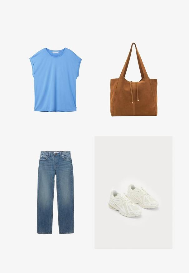 TOM TAILOR DENIM FLUENT TEE - Tricou basic - sicilian blue; Jeans din denim albastru deschis cu croială dreaptă, cinci buzunare și accesorii de nuanță cupru. Materialul are o ușoară decolorare și o textură netedă.; Pantofi sport albi confecționați din materiale din plasă și sintetice, design cu șireturi, guler căptușit și talpă texturată pentru aderență. Construcție ușoară.; Geantă tote din suede maro cu două mânere lungi, închidere prin șnur și un design minimalistic. Textură netedă și fără accente vizibile de hardură.