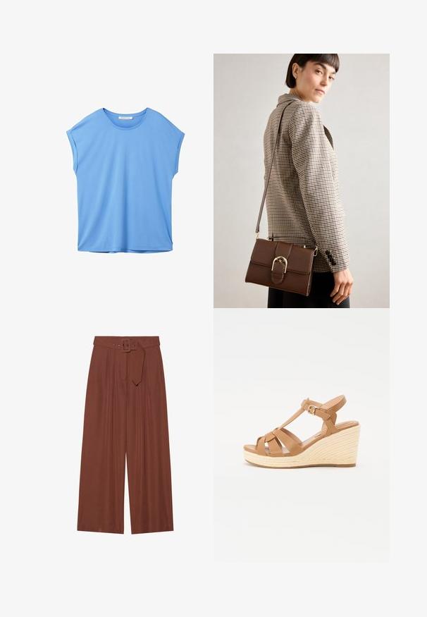 TOM TAILOR DENIM FLUENT TEE - Basic póló - sicilian blue; Barna anyagból készült, széles szárú nadrág, négyzet alakú csattal ellátott övvel, redők kialakítással és sima textúrával.; Barna wedge szandálok keresztszalagos dizájnnal, állítható bokapánttal és texturált szőtt espadrille stílusú wedge platformmal.; Barna bőr keresztpántos táska arany színű csattal, téglalap alakú, sima felületű és levehető pánttal.