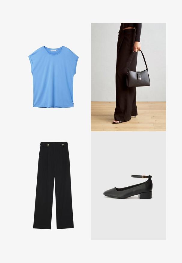 TOM TAILOR DENIM FLUENT TEE - Pamata T-krekls - sicilian blue; Melnas platās bikses ar augstu jostasvietu, pogu detaļām uz jostas un priekšējām krokām.; Melnas ādas sūkņi ar smailu purngalu un zemu bloku papēdi. Iezīmēts ar potītes siksniņu ar zelta krāsas sprādzi. Gluda tekstūra.; Melnā somiņa ar strukturētu formu, gludu tekstūru un metālu sprādzi. Saskaņota ar platām melnām biksēm un sandālēm ar atvērtu purngalu uz koka grīdas.