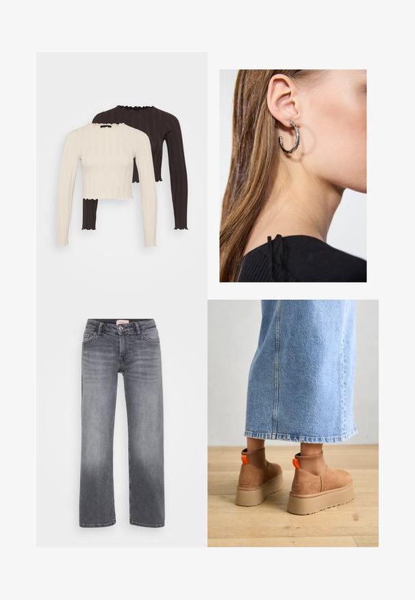 Geribbelde langemouwtops in crème en donkerbruin, met een cropped snit en ruches rond de hals met gekartelde randen.; Grijze denim jeans met een recht gesneden ontwerp, vijf zakken stijl, subtiele vervaging en een knoopsluiting in de taille.; Bruine suède platformlaarzen met elastische zijkanten en oranje trekbandjes, gecombineerd met een lichtdenim rok tot de knie op een houten vloer.; Zilveren oorbel met een gepolijste afwerking, met kleine gouden accentdetails en een ronde vorm, gedragen op de oorlel.
