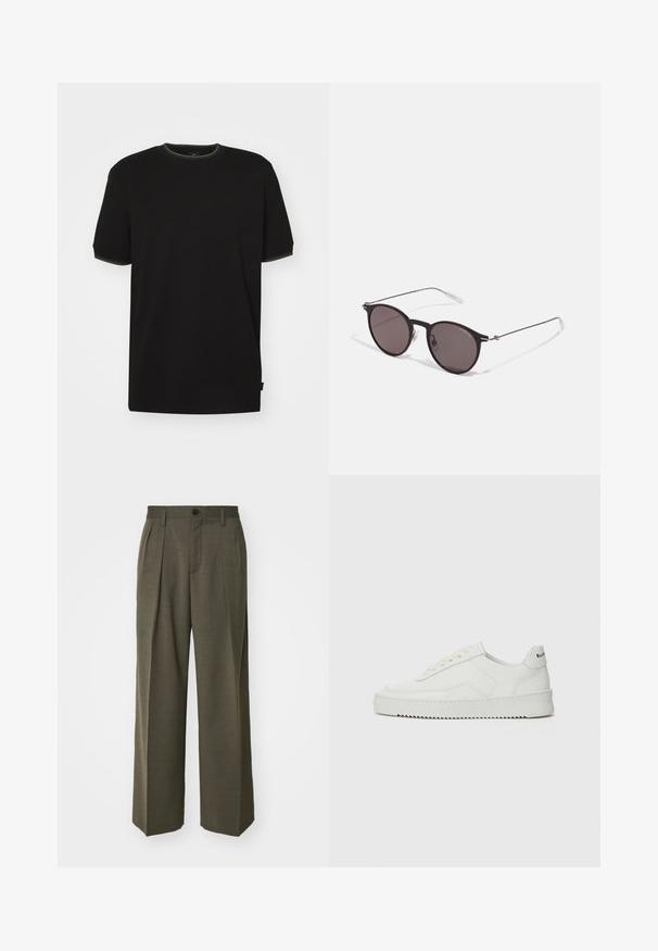 Camiseta negra de algodón con mangas cortas. Presenta un pespunte multicolor en contraste alrededor del cuello y los puños de las mangas.; Filippa K WIDE TROUSERS - Pantalones - driftwood; Zapatilla de cuero blanca con un acabado suave, puntera redonda, cordones planos y suela texturizada. Cuenta con un sutil logo en el talón.; Gafas de sol redondas negras con lentes oscuros y brazos metálicos delgados. Incluye puntas de varilla transparentes y acentos plateados en la bisagra. Diseño minimalista.