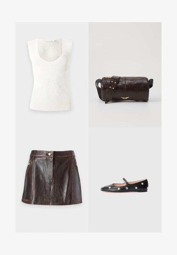 Bela brezrokavnik z rebrasto teksturo in okroglo izrezano ovratnikom. Ima vertikalne črte in geometrijski vzorčasta pri sredini.; Rjava usnjena mini krilo z elegantno zasnovo, dvema stranskima žepoma na zadrgo in kontrastnim šivanjem ob robovih.; Črne usnjene Mary Jane balerinke z zaobljenim noskom, opremljene z zlatimi krožnimi mošnjo in nastavljivim trakom z zaponko.; Brah blaženka iz rjavega usnja z embosiranim krokodilom, cilindrične oblike, zlatih kovinskih elementov in odstranljivim pasom, ki vsebuje žebljičke.