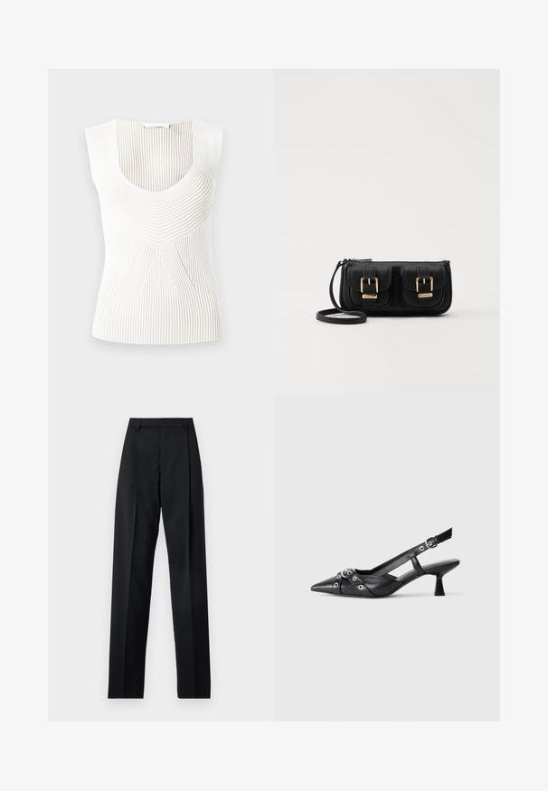 Haut blanc sans manches avec une texture côtelée et un col en scoop. Présente des rayures verticales et un motif géométrique au centre.; Pantalon noir en tissu lisse avec taille haute, jambes larges, plis à l'avant et passants de ceinture classiques. Pas de poches latérales visibles.; Chaussure slingback en cuir noir avec un bout pointu, des sangles décoratives avec œillets en métal et un petit talon carré. Surface texturée.; Sac en cuir noir porté en travers avec deux poches avant, boucles dorées, fermeture zippée et une sangle fine. Surface texturée et forme rectangulaire compacte.