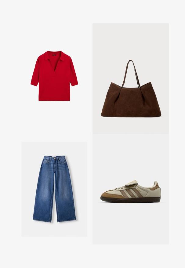 Červený pletený svetr s výstřihem do V a tříčtvrtečními rukávy, žebrované manžety a lem, položený na bílé pozadí.; Bershka WIDE-LEG - Wide leg - dark blue; Hnědé a krémové sportovní boty se třemi béžovými pruhy, vyrobené z semišové a kožené materiály, s šněrovacím designem a gumovou podešví. Textové logo na boku.; Hnědá semišová taška přes rameno s dvěma ramenními popruhy, prostorný obdélníkový tvar a minimalistický design. Měkká textura s hladkým povrchem.