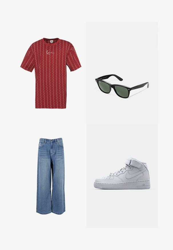 Červené bavlnené tričko s bielymi vlnitými pruhmi a malým vyšitým logom na hrudníku. Krátke rukávy a okrúhly výstrih.; Džínsy s širšími nohavicami z modrej denimovej látky s vysokým pásom, prednými vreckami a prešívaním na nohách. Textúrovaný, vyblednutý vzhľad s voľným strihom.; Vysoké šedé tenisky Nike Air Force 1 s koženým zvrškom, polstrovaným golierom a suchým zipsom. Ikonický dizajn má perforovanú špičku.; Čierne plastové slnečné okuliare so zelenými šošovkami, štvorcové rámy, strieborný akcent na obočí a textúrované ramenné opierky. Brand uvedený na vnútornej strane ramien.