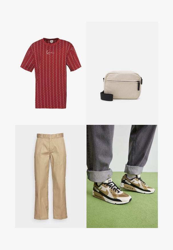 Sarkans kokvilnas T-krekls ar baltām viļņainām līnijām un mazu izšūtu logotipu uz krūtīm. Īsas piedurknes un apaļš kakla izgriezums.; Kaki bikses ar tiešu kāju dizainu, izgatavotas no izturīga auduma, ar gludu tekstūru un dubultām krokām priekšpusē papildu detaļām.; Nike Air Max 90 kedas bēšā un melnā krāsā, ar sieta un ādas materiāliem, redzamu amortizāciju un melnām auklām.; Kremkrāsas korsētas pleca soma ar melnu rāvējslēdzēju, noņemamu siksnu un teksturētu rakstu. Ietver vienu galveno nodalījumu un priekšējo kabatu.