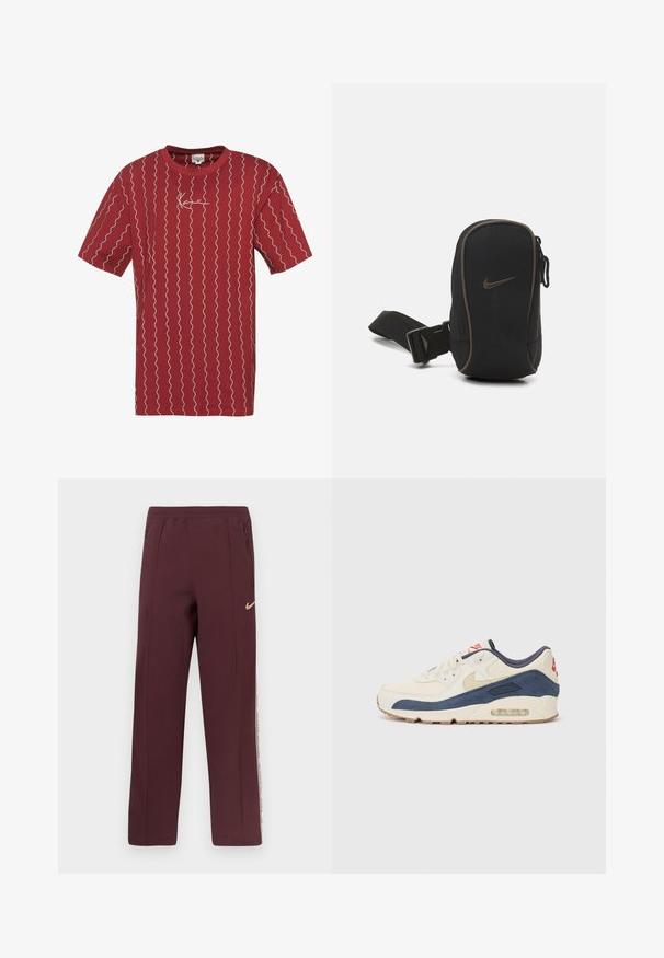 Punainen puuvillainen T-paita, jossa on valkoisia aaltoilevia viivoja ja pieni logo brodeerattuna rintamukseen. Lyhyet hihat ja pyöreä kaula-aukko.; Burgundy-huoneiset housut, joissa on sileä rakenne, sivuilla vetoketjulliset taskut ja valkoinen raita, jossa on teksti ulkosaumassa. Nike-logo kullassa.; Tennarit, joissa on kermanvärinen nahka ja merimiessininen mokka päällinen, näkyvällä ilmasoolalla, beige kumipohja ja punainen yksityiskohta kantapäässä.; Musta Nike-pussi, jossa on vetoketjukiinnitys, teksturoitu kangas, ruskeat yksityiskohdat ja irrotettava hihna. Etupuolella on suuri Nike-logo.