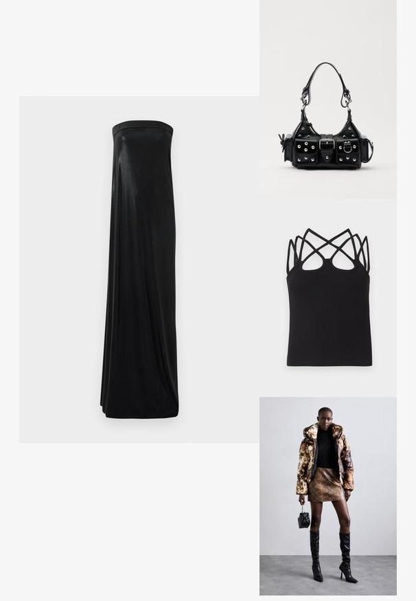 Schwarzes, geripptes Tanktop mit figurbetontem Schnitt, mehreren überkreuzten Trägern und offenem Rückendetail. Glatte Textur mit rundem Ausschnitt.; Schwarzes, trägerloses Maxikleid aus glattem, glänzendem Stoff. Es hat ein figurbetontes Oberteil und eine fließende Silhouette, die den Boden erreicht, ohne Verzierungen.; Puffermantel mit einem braunen und schwarzen Muster, kombiniert mit einem mini Rock in Schlangenoptik in Braun, schwarzen kniehohen Stiefeln und einer kleinen schwarzen Tasche.; Schwarze Lederhandtasche mit einem geschwungenen Design, verziert mit silbernen Nieten, einer Schnalle und zwei seitlichen Taschen. Verstellbarer Träger für verschiedene Tragemöglichkeiten.