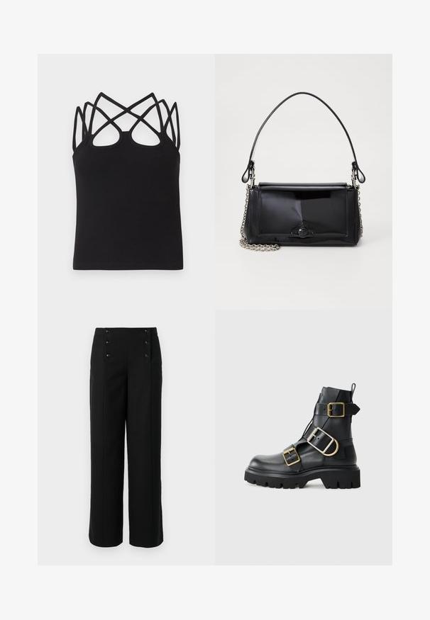 Schwarzes, geripptes Tanktop mit figurbetontem Schnitt, mehreren überkreuzten Trägern und offenem Rückendetail. Glatte Textur mit rundem Ausschnitt.; Schwarze weit geschnittene Hosen aus glattem Stoff mit hoher Taille und fünf vorderen Knöpfen zum Schließen. Elegantes, maßgeschneidertes Design.; Schwarze Lederstiefelette mit robuster Sohle, die mehrere Riemen und goldene Hardware-Akzente aufweist. Glatte Textur, robustes Design.; Schwarze Lackleder-Handtasche mit rechteckiger Form, Kettenriemen und einem markanten Hardware-Akzent in der Mitte. Glatte Textur.