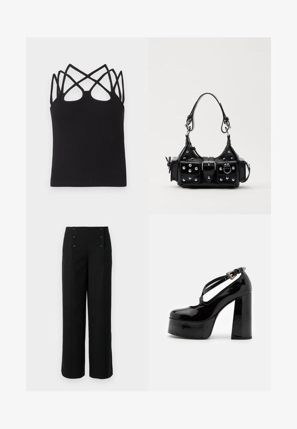 Schwarzes, geripptes Tanktop mit figurbetontem Schnitt, mehreren überkreuzten Trägern und offenem Rückendetail. Glatte Textur mit rundem Ausschnitt.; Schwarze weit geschnittene Hosen aus glattem Stoff mit hoher Taille und fünf vorderen Knöpfen zum Schließen. Elegantes, maßgeschneidertes Design.; The Kooples CHAUSSURES - High Heel Pumps - black; Schwarze Lederhandtasche mit einem geschwungenen Design, verziert mit silbernen Nieten, einer Schnalle und zwei seitlichen Taschen. Verstellbarer Träger für verschiedene Tragemöglichkeiten.