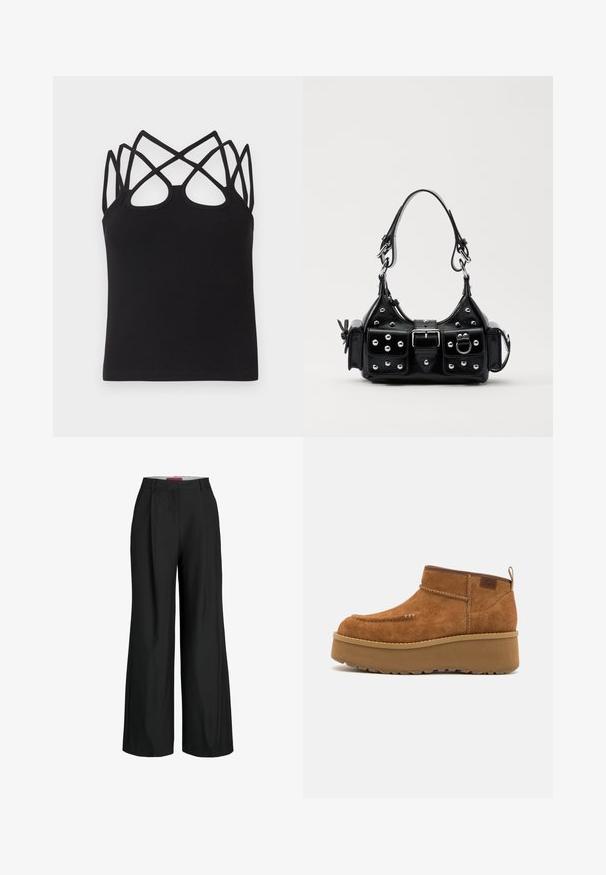 Zwarte geribbelde tanktop met een aansluitend ontwerp, meerdere gekruiste bandjes en een open achterkant. Gladde textuur met een ronde halslijn.; Zwarte wijde broek met een tailored design, met plooien en een gladde stoftextuur. Strakke lijnen en geen zichtbare hardware of accenten.; Bruine suède enkelboots met een ronde neus, platformzool en een gestikte detail. Voorzien van een lus aan de achterkant voor gemakkelijke instap.; Zwarte lederen handtas met een gebogen ontwerp, voorzien van zilveren studs, een gesp en twee zijvakken. Verstelbare schouderband voor verschillende draagmogelijkheden.