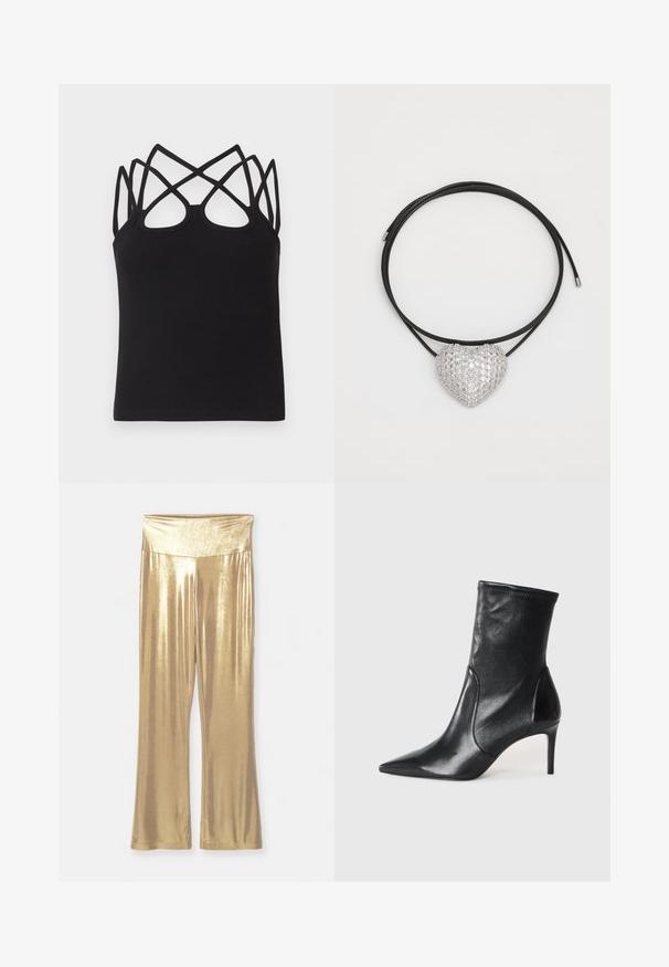 Top de tirantes negro con textura acanalada, diseño ajustado, varias tiras cruzadas y detalle de espalda descubierta. Textura suave con escote redondo.; Leggings metálicos dorados de campana con cintura alta. Textura suave y brillante en toda su superficie. Diseño simple, sin patrones ni herrajes visibles.; Botas negras hasta el tobillo hechas de cuero suave, con punta afilada, caña ajustada y tacón alto delgado. Diseño minimalista sin herrajes visibles.; Collar con colgante en forma de corazón con una superficie de plata texturizada adornada con rhinestones, sobre dos cordones trenzados negros.