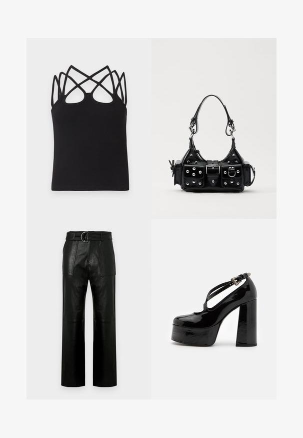 Czarny prążkowany top na ramiączkach o dopasowanym kroju, z wieloma krzyżującymi się paskami i otwartym tyłem. Gładka faktura z okrągłym dekoltem.; Czarne skórzane spodnie z wysokim stanem, szerokimi nogawkami, dużymi przednimi kieszeniami i dopasowanym paskiem z podwójną klamrą.; The Kooples CHAUSSURES czarny; Czarna skórzana torebka w zakrzywionym kształcie, z srebrnymi ćwiekami, klamrą i dwoma bocznymi kieszeniami. Regulowany pasek umożliwiający różne opcje noszenia.