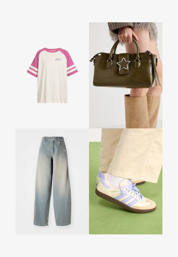 T-shirt blanc à manches courtes avec des manches raglan roses, deux rayures blanches sur chaque manche, et "ROXY" imprimé sur la poitrine en bleu.; Jeans en denim bleu clair à jambe large avec une finition délavée. Comprend des poches frontales, une fermeture à bouton et un logo discret sur la ceinture.; Baskets crème et lavande avec trois bandes et une semelle marron texturée, dotées de lacets et d'un talon rembourré. Tige en tissu doux.; Sac à main en simili cuir vert olive avec accent étoilé argenté, deux poignées et fermeture éclair. Surface texturée et forme structurée.
