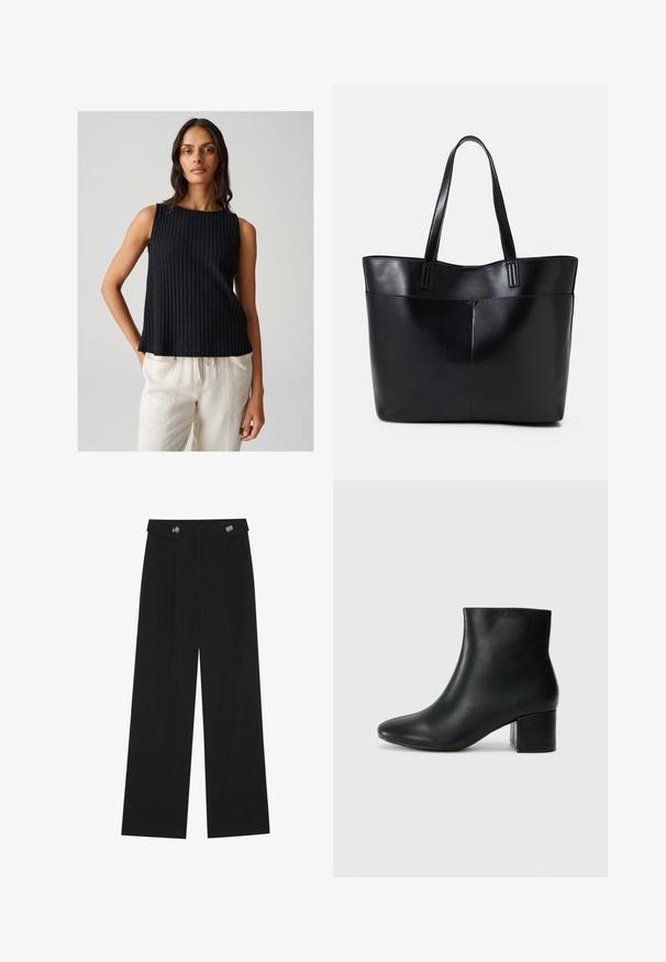Zwarte ribbelige mouwloze top met een ronde halslijn, met een losse pasvorm en een gestructureerde stof. Gecombineerd met lichte, losse broeken.; Zwarte wijde broek met hoge taille, knoopdetails op de tailleband en plooien aan de voorkant.; Zwarte leren enkellaarzen met een spitse neus en een chunky hak. Gladde textuur met minimale accenten en een slank, strakk ontwerp.; Zwarte leren tote bag met twee lange handvatten, een zachte textuur en een gestructureerde vorm. Voorzien van een voorvak voor extra opslagruimte.
