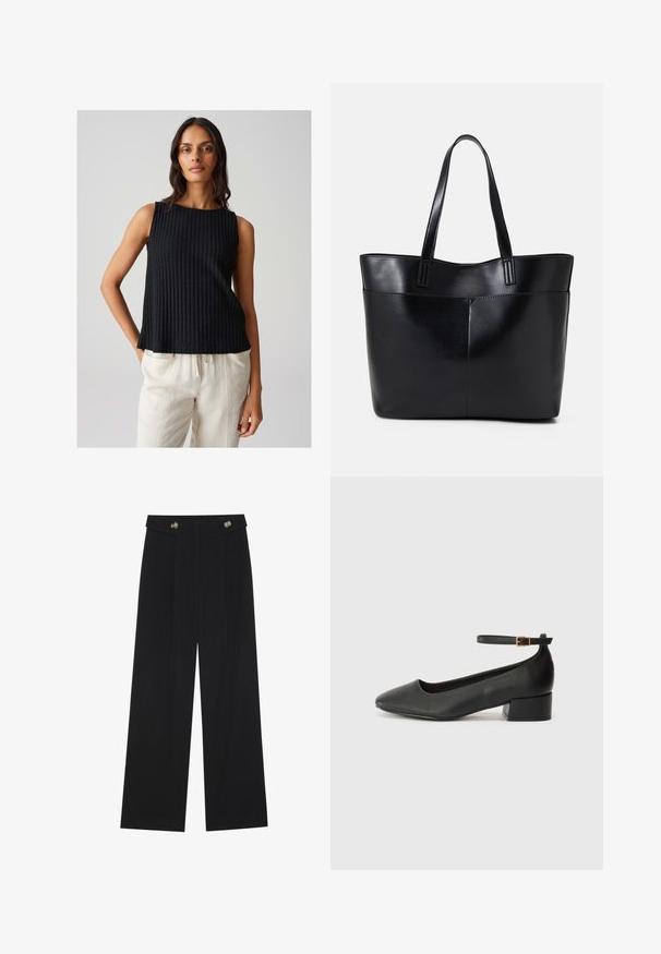 Top senza maniche a coste nere con scollatura rotonda, caratterizzato da una vestibilità ampia e un tessuto testurizzato. Abbinato a pantaloni leggeri e larghi.; Pantaloni neri a gamba larga con vita alta, dettagli con bottoni in vita e pieghe frontali.; Pump in pelle nera con punta affusolata e tacco basso a blocco. Presenta una cinghia alla caviglia con una fibbia in tonalità oro. Texture liscia.; Borsa a tracolla in pelle nera con due manici lunghi, una texture liscia e una forma strutturata. Presenta una tasca frontale per ulteriore spazio di archiviazione.