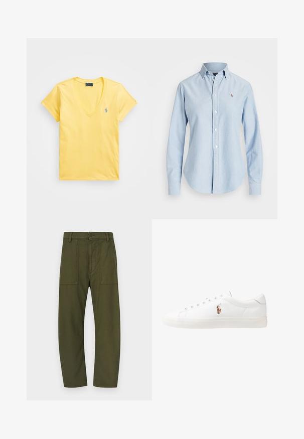 Polo Ralph Lauren COTTON JERSEY V-NECK T-SHIRT - T-shirts - corn yellow; Lys blå, skjorte med knapper laget av bomull, med lange ermer, spiss krage og en liten brodert logo på venstre bryst.; Olivengrønne bomullsbukser med normal passform, to lommer foran og knappelukking i midjen.; Hvite lærsko, lavt design, med en glatt tekstur, rund tå, snøring foran, og en liten brodert logo på siden.