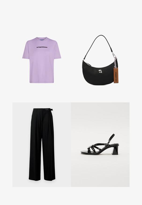 Lavandas kokvilnas t-krekls ar īsām piedurknēm, apaļu kakla izgriezumu un melnu "karl lagerfeld jeans" logotipu uz krūtīm.; Melni plaši bikses ar augsto jostasvītru, priekšā ar krokojiem un jostu ar sprādzi. Izgatavotas no gludas, vieglas auduma.; Melnas lakotas ādas augstpapēžu sandales ar atvērtu purngali, platām siksnām, regulējamu sprādzi un ģeometrisku bloku papēdi.; Melnas ādas rokassomu ar akmens struktūru, izliekta forma, augšējā rāvējslēdzēja aizvēršana, sudraba detaļas un brūns birkas. Iespējas logotipa akcentam.