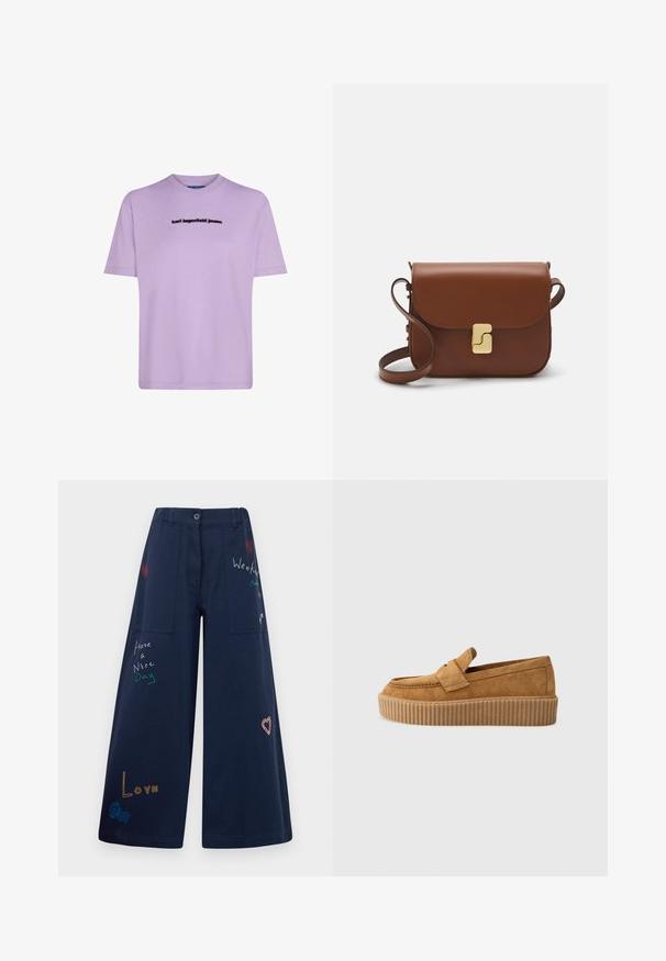 Camiseta de algodón lavanda con mangas cortas, escote redondo y un logo negro de "karl lagerfeld jeans" en el pecho.; Pantalones de pierna ancha en color azul marino, confeccionados en algodón y con múltiples bolsillos. Presentan un colorido bordado de texto y gráficos, incluyendo corazones y frases divertidas.; Mocasín de ante marrón con punta redonda, presentado con una suela de plataforma estriada y una cinta decorativa en la parte superior.; Bolso de mano de cuero marrón con cierre de solapa, herrajes en tono dorado, correa para el hombro y una textura suave. Forma rectangular compacta.