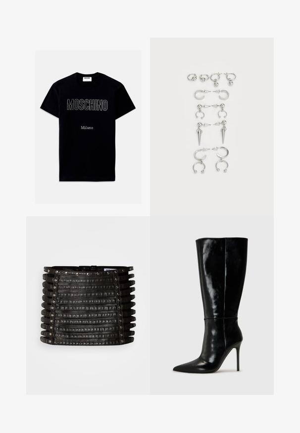 Czarny bawełniany T-shirt z napisem „MOSCHINO” ozdobionym cyrkoniami na wysokości klatki piersiowej oraz mniejszym napisem „Milano” poniżej. Klasyczny krój z okrągłym dekoltem.; Czarna skórzana mini spódnica z poziomymi paskami ozdobionymi srebrnymi ćwiekami wzdłuż górnej krawędzi i pionowych boków.; Czarne skórzane wysokie buty za kolano z ostro zakończonym noskiem i wysokim obcasem w kształcie szpilki. Gładka tekstura i smukły design, z minimalnymi detalami.; Zestaw srebrnych kolczyków z różnymi wzorami: kółka, sztyfty i wiszące style, z kulistymi akcentami i spiczastymi elementami.