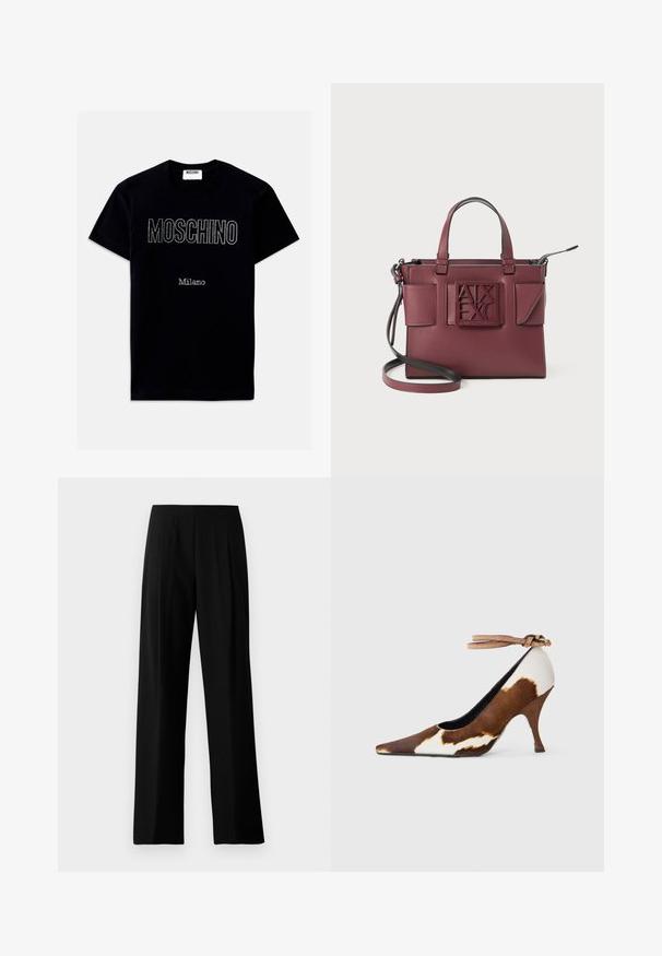 Svart bomullströja med "MOSCHINO" i rhinestones över bröstet och "Milano" i mindre text under. Klassisk T-shirt med rund halsringning.; Svarta vida byxor i slät tyg, med platt midja och framfickor för en skräddarsydd look. Inga synliga detaljer eller mönster.; Brun och vit kossa mönster högklackad sko med spetsig tå, texturerad yta och en ankelrem med ett ljusbrunt spänne.; Burgunderfärgad läderhandväska med dubbla handtag, justerbar axelrem och präglad logotyp på framsidan. Har två sidofickor och en elegant design.