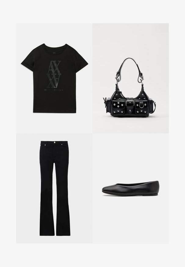 T-shirt de algodão preta com mangas curtas. Apresenta uma grande impressão brilhante de "AX" e "Armani Exchange" em cores contrastantes no centro.; Calças pretas de ganga em corte flare, com dois bolsos frontais, fecho com botão e uma textura suave. Costura característica visível nas costuras.; Paul Smith TOPANGA - Sabrinas - black; Bolsa de couro preta com um design curvado, apresentando tachas prateadas, uma fivela e dois bolsos laterais. Alça ajustável para opções de transporte.