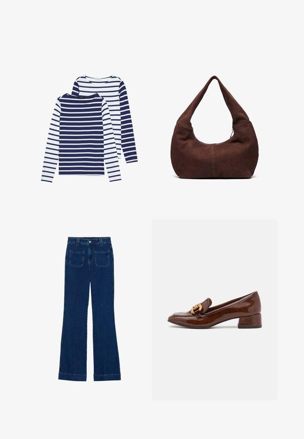 Zwei langärmlige Rundhals-Shirts: eines im navy und weißen Streifen, das andere in weiß mit navy Streifen. Aus Baumwollstoff, lässiges Design.; Dunkelblaue Denim-Jeans im Schlagstil mit glatter Textur, Fünf-Taschen-Design und einem Knopfverschluss an der Taille.; Braune Lederloafers mit glänzender Oberfläche, ausgestattet mit einer dekorativen goldenen Schnalle an der Vorderseite und einem niedrigen Blockabsatz. Klassisches Design.; Braune Wildleder-Hobo-Tasche mit einem gebogenen, breiten Griff und einer großen Öffnung. Weiche Textur mit sichtbaren abgesteppten Details entlang der Kanten.