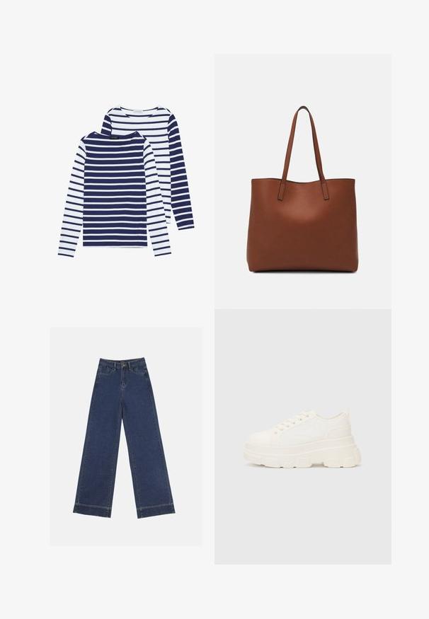 Kaksi pitkähihasta, pyöreäkauluksista paitaa: yksi tummansinivalkoraidallinen ja toinen valkoisin tummansinisin raitoihin. Puuvillakangasta, rento muotoilu.; Vyötäröltä leveät farkut tummansinisestä denimmateriaalista. Varustettu viidellä taskulla, vyölenkeillä ja näkyvillä sauman yksityiskohdilla. Raaka helma alareunassa.; Valkoinen kangaskenkä paksulla pohjalla, pyöreällä kärjellä ja viidellä nauhakuutiolla. Takareunan vipu helpottaa pukemista. Sileä pinta, minimalistinen muotoilu.; Ruskea nahkainen olkalaukku, jossa on sileä pinta, avoin yläosa ja kaksi olkahihnaa. Omaavat vain minimaalisen ompelun eikä näkyvää metalliosaa.