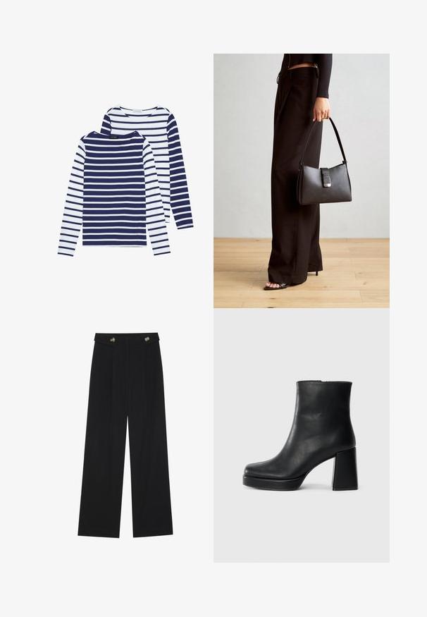 Dva dugosleeve, majice s okruglim izrezom: jedna u mornarsko plavim i bijelim prugama, a druga u bijeloj boji s mornarsko plavim prugama. Pamuk, ležeran dizajn.; Crne hlače širokih nogavica s visokim strukom, s dugmadi na pojasu i prednjim nabora.; Crna kožna čizma do gležnja s blok petom i platformom, prikazana s bočne strane na jednostavnoj bijeloj pozadini.; Crna torba s oblikom koji sadrži strukturu, glađu teksturu i metalnu kopču. Uparena s širokim crnim hlačama i sandalama na otvorenom s drvenog poda.