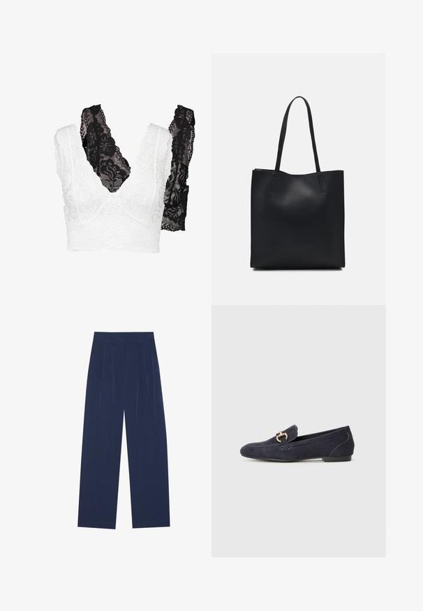Set di bralette in pizzo con design floreale bianco e un corrispondente nero. Entrambi presentano una scollatura a V e spalline larghe e dettagliate.; Pantaloni a gamba larga blu navy realizzati in tessuto morbido, dotati di pieghe frontali, una texture liscia e una vestibilità dritta senza tasche visibili.; Mocassino in suede blu navy con punta tonda, caratterizzato da un dettaglio decorativo in catena metallica e un tacco basso con dettagli di cucitura a contrasto.; Borsa tote in pelle nera con texture liscia, forma rettangolare e due manici lunghi. Nessun hardware o decorazione visibile.