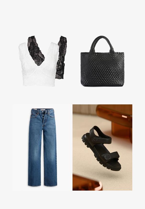 Pitsilä setti, jossa on valkoinen kukkakuosi ja musta vastine. Molemmissa on V-mallinen kaula-aukko ja leveät, yksityiskohtaiset hihnat.; Siniset farkut, joissa on leveälahkeinen muotoilu, viisi taskua, nappikiinnitys ja erottuva ompelu. Teksturoitu kangas, jossa on haalistunut pinta.; Musta nahkasandaali, jossa on kaksi säädettävää remmiä, teksturoitu pohja ja rohkea, paksu muotoilu. Sisältää logomerkinnän remmissä.; Mustakudottu kassi kahdella kahvalla, jossa on tekstuuri pinta ja suorakulmainen muoto. Yksinkertainen, ainutlaatuinen muotoilu ilman näkyvää metalliosaa.