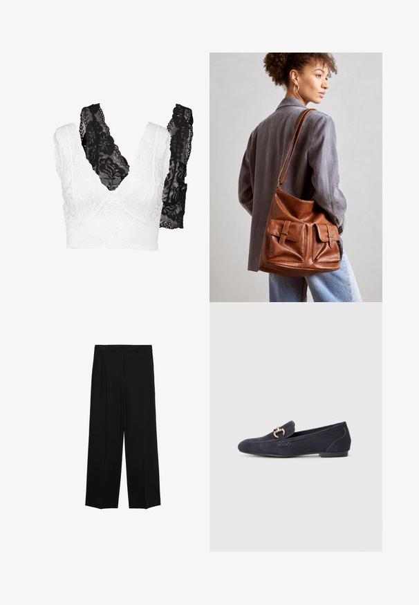 Lace bralette sæt med et hvidt blomstermønster og en sort variant. Begge har en v-hals og brede, detaljerede stropper.; Sorte brede bukser med en glat stof, der har folder foran og sidelommer, designet med en lige, afslappet pasform.; Mørkeblå ruskindsloafer med rund tå, prydet med en dekorativ metal kædeaccent og en lav hæl med kontrasterende syninger.; Brun læder bucket bag med to frontlommer med spænde detaljer. Tasken har en glat tekstur og en justerbar rem.