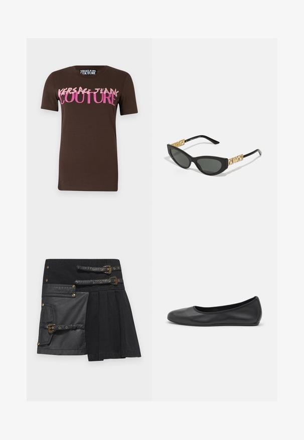 Barna pamut póló, rózsaszín és világos rózsaszín grafikus logóval, laza fazonban és rövid ujjú kivitelben. Kerek nyakkivágású design.; Fekete szoknya bőr részletekkel, csatolási megoldásokkal és különböző textúrák kombinációjával. Bal oldalon zsebbel és redőzött dizájnnal rendelkezik.; Fekete bőr balettcipő lekerekített orral, sima tekstúrával, minimális varrással és rugalmas talp kialakítással.; Fekete macska szemű napszemüveg sötét lencsékkel, arany geometrikus díszítésekkel a szárakon és sima matt felülettel.