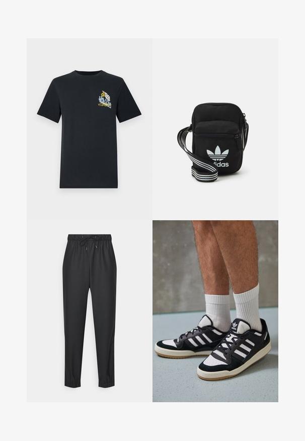 Melna kokvilnas T-kreklā ar īsām piedurknēm, ar krāsainu grafisko drukājumu kreisajā krūšu pusē, kas ietver tekstu un dizaina elementus.; Melni sporta bikses, kas izgatavotas no mīksta, elastīga materiāla. Tām ir elastīga josta ar auklu, tievējo kāju forma un aproces pie potītēm.; Melnas un baltas kedas ar zamša un ādas augšdaļu, kas aprīkotas ar trim baltām svītrām, perforētu purngali un gumijas zolēm.; Melna auduma crossbody soma ar rāvējslēdzēja aizdari, kurai ir balts Adidas logo un svītrainas regulējamas siksnas ērtiem pārvietošanās veidiem.