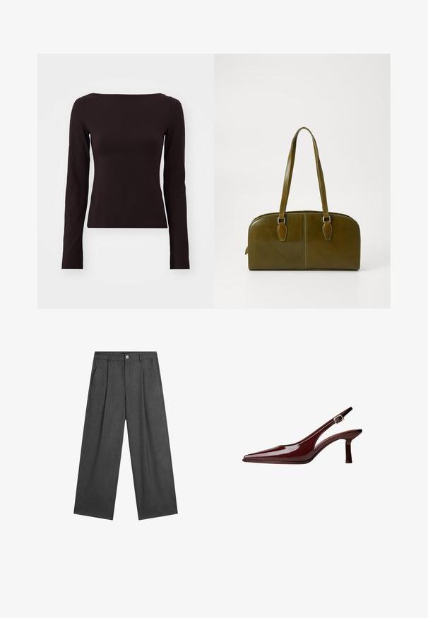 Ärmlös topp i mörkbrunt stretchtyg, med båtformad halsringning och figurnära silhuett. Slät yta utan synliga mönster.; Mörkgrå, vida byxor med subtila ränder, frontveck och en enkel knappknäppning i midjan.; Vinröd patenterad läder pump med slingback, spetsig tå, medelhög kitten-häl och silver spänne på vit bakgrund.; Olivgrön läderhandväska med rundad form, dubbla handtag och sömlig front. Har en len yta och subtila sömnadsdetaljer.