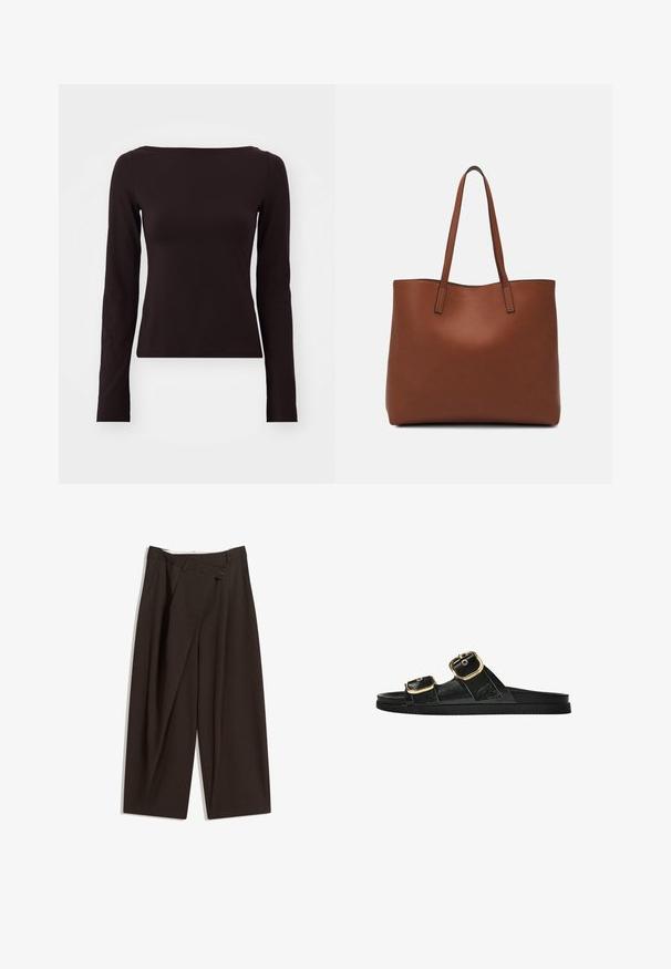 Pitkähihainen paita tummanruskeasta joustavasta kankaasta, johon kuuluu venepääntie ja vartalonmyötäinen siluetti. Tasainen pinta ilman näkyviä kuvioita.; Tummanruskeat leveälahkeiset housut, joissa on korkea vyötärö, yhden napin sulkea ja pleatattu etuosa. Valmistettu kevyestä kankaasta.; Musta liukusandaali, jossa on kaksi kultaisesta solkesta tehtyä korostusta, sileäpintainen materiaali, litteä pohja ja minimalistinen muotoilu.; Ruskea nahkainen olkalaukku, jossa on sileä pinta, avoin yläosa ja kaksi olkahihnaa. Omaavat vain minimaalisen ompelun eikä näkyvää metalliosaa.