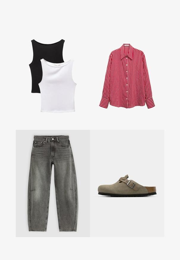 Zwei ärmellose Oberteile in Schwarz und Weiß, aus Baumwolle gefertigt. Sie verfügen über runde Ausschnitte und ein tailliertes Design mit glatter Textur.; Rot-weiße gestreifte langärmelige Hemd mit Knopfleiste und breitem Kragen. Verfügt über breite Manschetten an den Ärmeln.; Hochtaillierte, grau gewaschene Jeans aus Denim mit fünf Taschen, Knopfverschluss und einer lässigen, geraden Passform.; Wildleder-Clogs in hellolivgrün mit einer geformten Kork- und Gummisohle. Verfügt über einen Seitenriemen mit einer metallischen Schnalle und einer abgerundeten Zehenpartie.