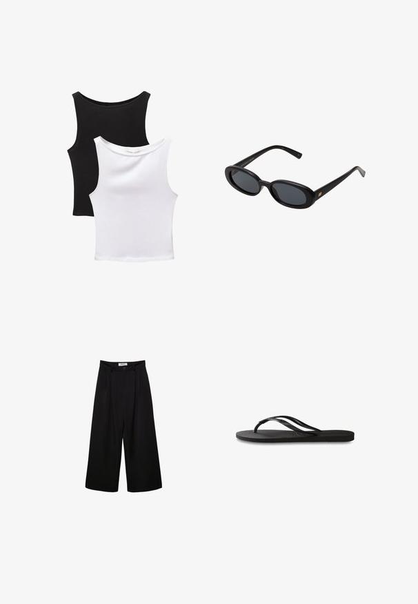 Due top in cotone, una nera e una bianca, senza maniche. Presentano scolli tondi e un design aderente con una texture liscia.; Pantaloni neri a gamba larga con vita alta, fronte pieghettato e chiusura con bottone. Realizzati in tessuto morbido con un design sartoriale.; Infradito neri con suola in gomma testurizzata, due cinghie sottili e un sottile dettaglio del logo impresso sulla cinghia.; Occhiali da sole neri oversize con lenti ovali, montatura in plastica liscia e accenti dorati sulle tempie. Le lenti scure offrono protezione dal sole.