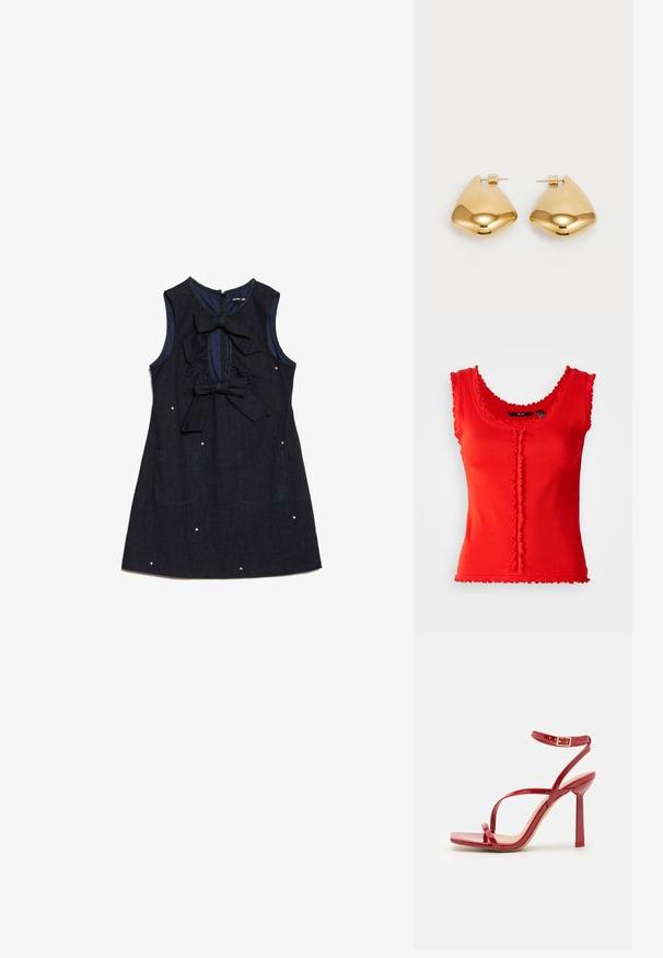 Czerwona prążkowana bluzka bez rękawów z falbaniastymi brzegami, z dekoltem w serek i centralnym detalem z guzikiem. Materiał mieszanki bawełny, dopasowany kształt.; Granatowa sukienka dżinsowa bez rękawów, z dwoma dużymi kokardami na przodzie i dekoracyjnymi białymi kropkami. Posiada zamek błyskawiczny z tyłu.; ALDO SCINTILLA czerwony; Czerwona skórzana torba na ramię o gładkiej teksturze, zakrzywionym kształcie i dekoracyjnym zapięciu w formie klamry. Regulowany pasek i zamek błyskawiczny.; Złote metalowe kolczyki w gładkim, zaokrąglonym trójkątnym kształcie i projekcie z zapięciem na sztyft; odbijająca powierzchnia z minimalnymi detalami.