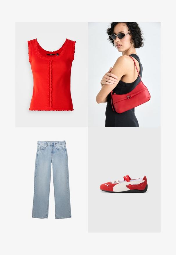 Rotes geripptes Tanktop mit gewellten Kanten, das über einen runden Ausschnitt und ein zentrales Knopfdetail verfügt. Aus einem Baumwollmischgewebe, figurbetonte Form.; Helleblaue Denim-Jeans mit weit geschnittenem Design, ausgestattet mit einem Knopf- und Reißverschluss, fünf Taschen und minimalen Nähten.; Rote und weiße Wildlederschuhe mit flachem Profil, ausgestattet mit elastischen Riemen und einer strukturierten schwarzen Gummisohle. Puma-Logo an der Seite.; Rote Ledertasche mit glatter Textur, geschwungenem Design und dekorativem Schnallenakzent. Verstellbarer Schulterriemen und Reißverschlussverschluss.