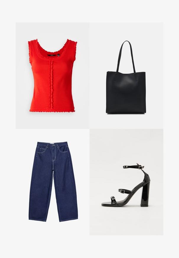 Rotes geripptes Tanktop mit gewellten Kanten, das über einen runden Ausschnitt und ein zentrales Knopfdetail verfügt. Aus einem Baumwollmischgewebe, figurbetonte Form.; Dunkelblaue Jeansweite Hosen mit hoher Taille, fünf Taschen und kontrastierenden weißen Nähten. Glatte Textur, klassisches Design.; Schwarze patentierte Sandalen mit Absatz, quadratischer Spitze, Knöchelriemen und silbernen Schnallen. Mit einem stabilen Blockabsatz für mehr Stabilität.; Schwarze Laptoptasche aus Leder mit glatter Textur, rechteckiger Form und zwei langen Griffen. Keine sichtbaren Beschläge oder Verzierungen.