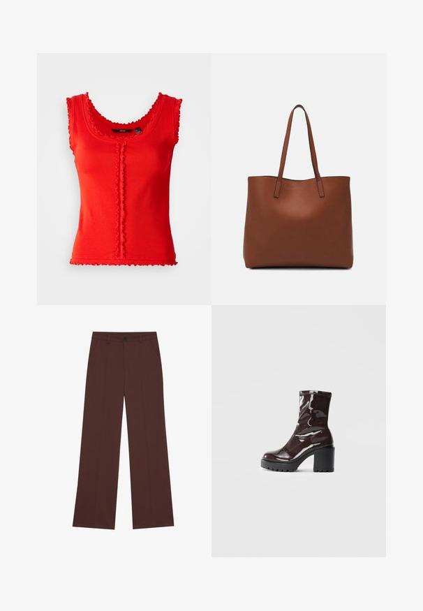 Sarkana ribota topiņa ar viļņotām malām, ar apaļu izgriezumu un centrālo pogu aksesuāru. Kokvilnas maisījuma audums, pieguloša forma.; Platas kājas bikses bagātā brūnā audumā. Iekļauj pogu aizdari, divas priekšējās kabatas, gludu tekstūru un tīras līnijas.; Spīdīgas bordo potīšu botītes ar masīlu melnu papēdi, kurām ir gluda tekstūra un vienkāršs dizains. Nav redzamu aizdari vai rakstu.; Brūna ādas iepirkumu soma ar gludu tekstūru, atvērta augšdaļa un divas plecu siksnas. Izceļas ar minimālām šuvēm un redzamu aparatūru nav.