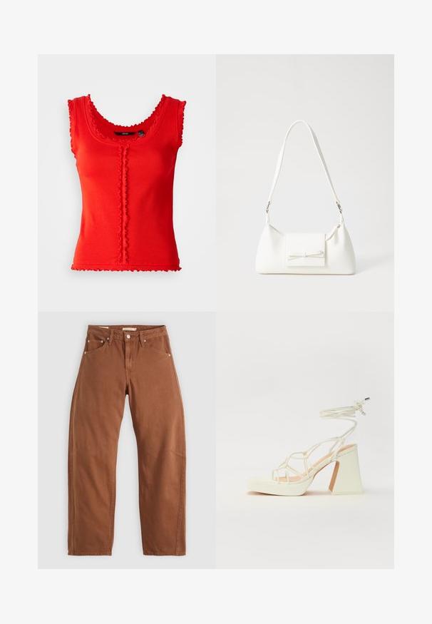 Top sin mangas de punto rojo con bordes festoneados, que presenta un escote redondeado y un detalle de botón central. Fabricado en una mezcla de algodón, con forma ajustada.; Jeans rectos color marrón óxido con bolsillos frontales y traseros, remaches de metal, cierre de botón y trabillas para el cinturón, colocados sobre un fondo blanco.; Sandalia de tacón alto blanca con un tacón grueso, que presenta un diseño de tiras y un lazo en el tobillo. Textura suave con una plataforma en la parte delantera para mayor altura.; Bolso sintético blanco con forma triangular, tapa frontal plana y detalle de lazo, correa ajustable, textura suave y diseño minimalista.