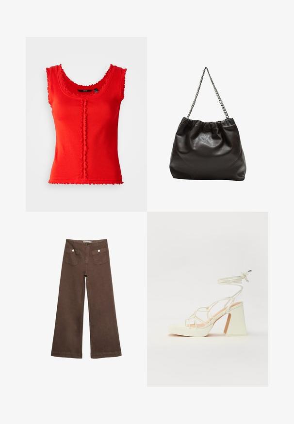 Débardeur rouge à côtes avec des bords festonnés, présentant un col rond et un détail de bouton central. Tissu mélangé en coton, coupe ajustée.; Pantalons larges marron en coton, dotés de deux poches avant avec des boutons argentés, et une texture lisse.; Sandale blanche à talons hauts avec un talon épais, présentant un design à lanières et un lien autour de la cheville. Texture lisse avec une plateforme à l'avant pour une hauteur supplémentaire.; Sac en cuir marron avec un haut froncé et une bandoulière en chaîne. Texture lisse avec une finition brillante et des coutures subtiles sur les côtés.