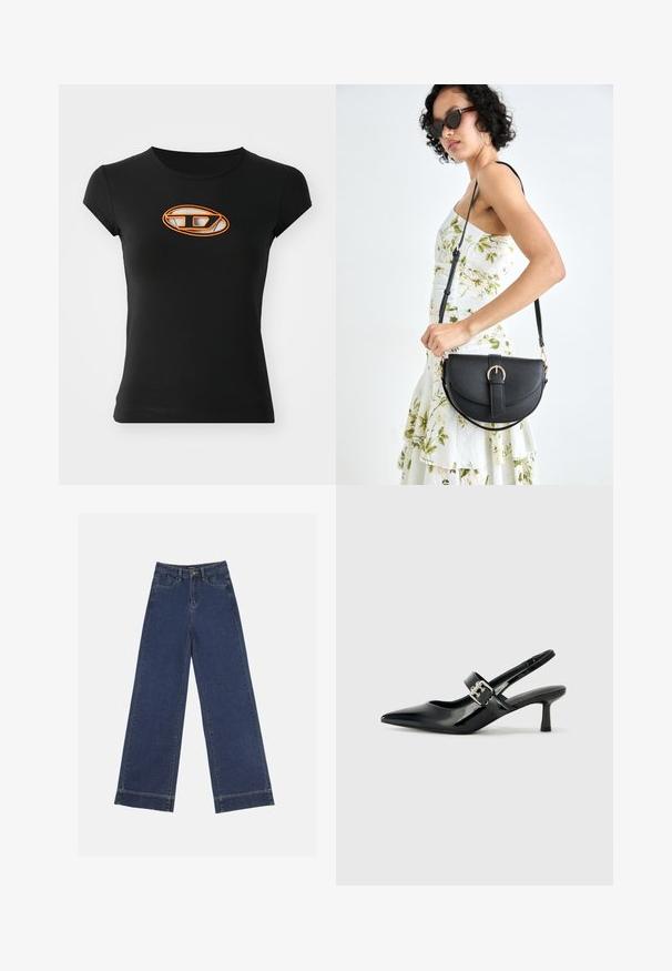 Black cotton t-shirt with short sleeves. Features an oval orange embroidered logo on the chest. Smooth texture, fitted design.; Wide-leg jeans in dark blue denim. Features five pockets, belt loops, and a raw hem at the bottom with visible stitching details.; Black patent leather slingback heels with a pointed toe and a small block heel, featuring a silver buckle accent on the strap.; Black leather handbag with a curved shape, detachable strap, and gold hardware. The bag features a flap with a buckle detail.