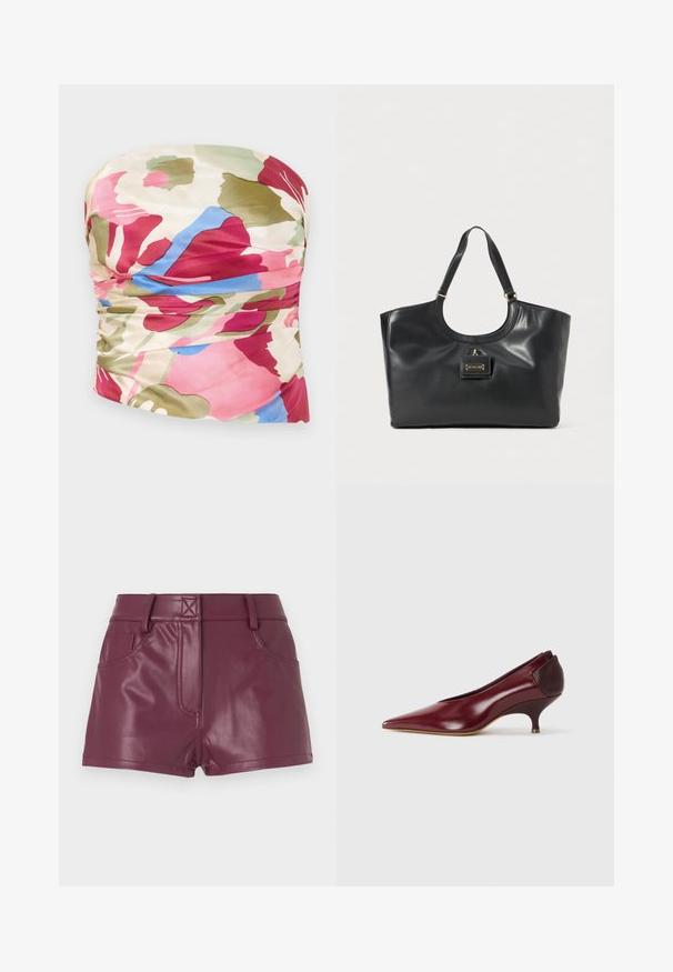 Stropfri blomster top med en rynket design, lavet af glat stof i lyserøde, grønne og blå nuancer med en lys cremefarvet baggrund.; Burgunderfarvede shorts i imiteret læder med en tætsiddende pasform, der har frontlommer og en glat, blank tekstur. Synlige syningsdetaljer ved taljen.; Bordeaux læderpumpe med spids tå og en lav, buet hæl. Glat tekstur med en kontrasterende mørk hælaccent.; Sort læder tote taske med en glansfuld overflade, buet top, to skulderremme og en guldfarvet hardwaredetalje på forsiden.